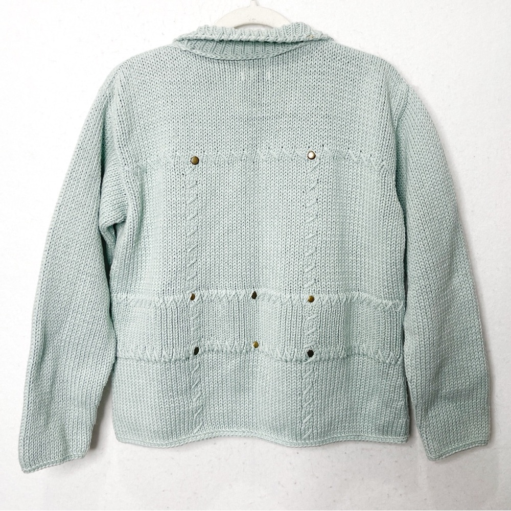 Pure Handknit Sea Glass 100% Cotton Knit by Hand Cardigan Sweater Large Buttons - Picture 2 of 6